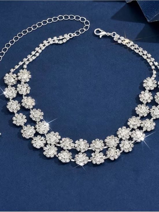 Double Strand Crystal Flower Choker Necklace - Silver 3