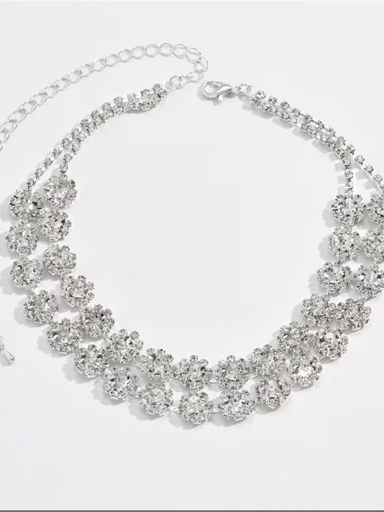 Double Strand Crystal Flower Choker Necklace - Silver 4