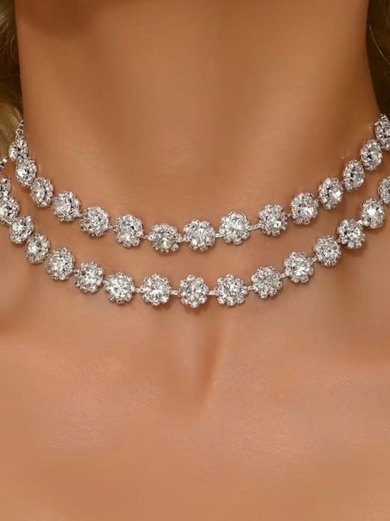 Double Strand Crystal Flower Choker Necklace - Silver 6