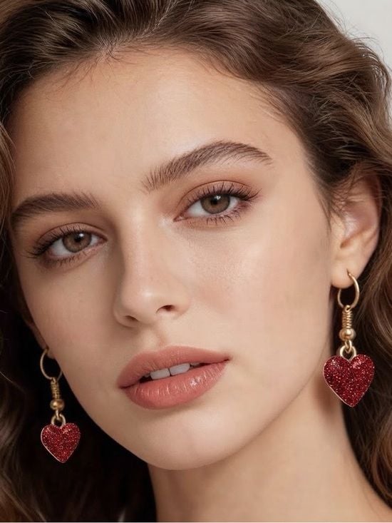 Gold Hoop Earrings with Deep Red Glitter Heart Drop 2
