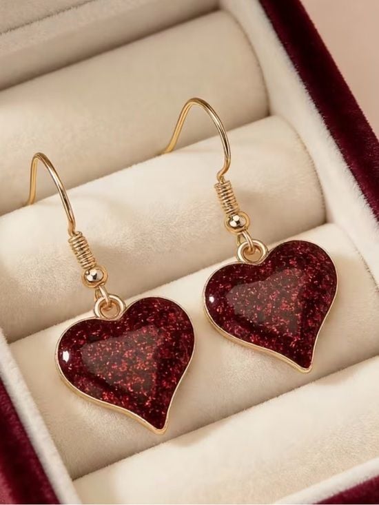 Gold Hoop Earrings with Deep Red Glitter Heart Drop 3