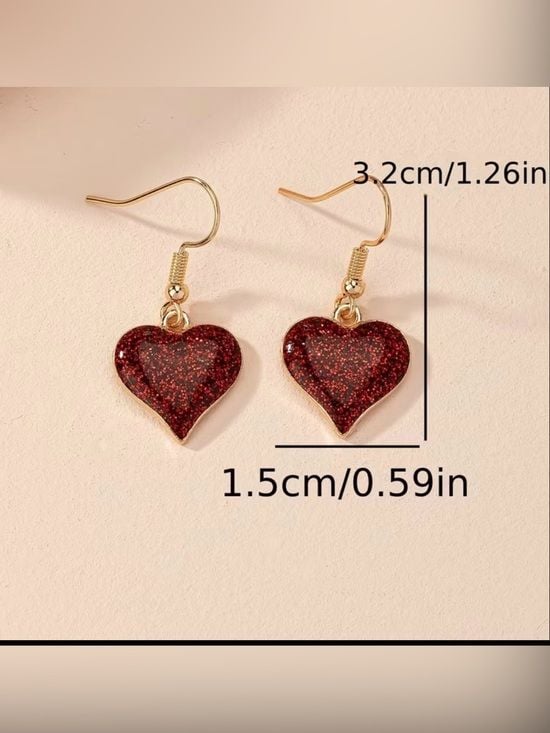 Gold Hoop Earrings with Deep Red Glitter Heart Drop 5