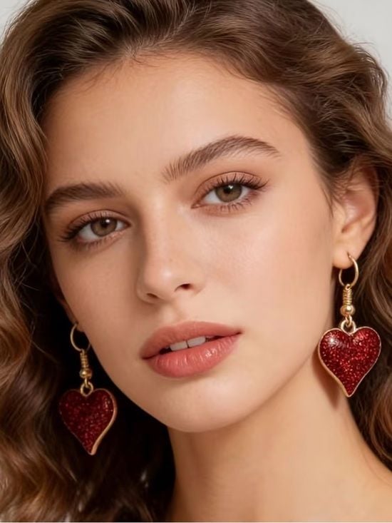 Gold Hoop Earrings with Deep Red Glitter Heart Drop 3
