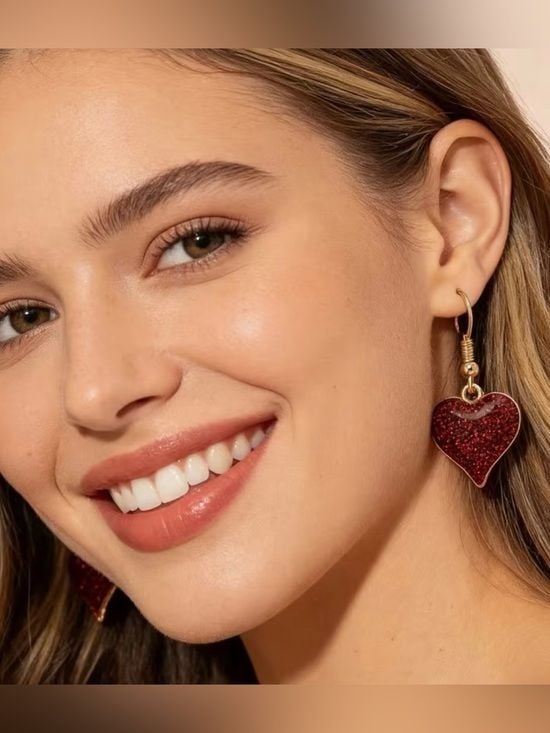 Gold Hoop Earrings with Deep Red Glitter Heart Drop 4