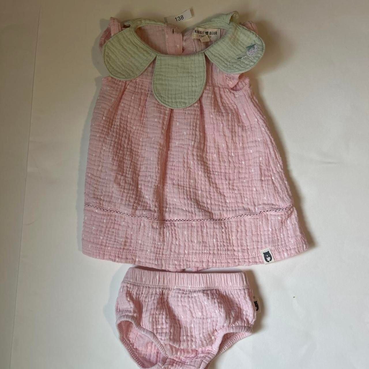 Rabbit Bear Organic Strawberry Dress Set 0-3M Pink Green Collar 1