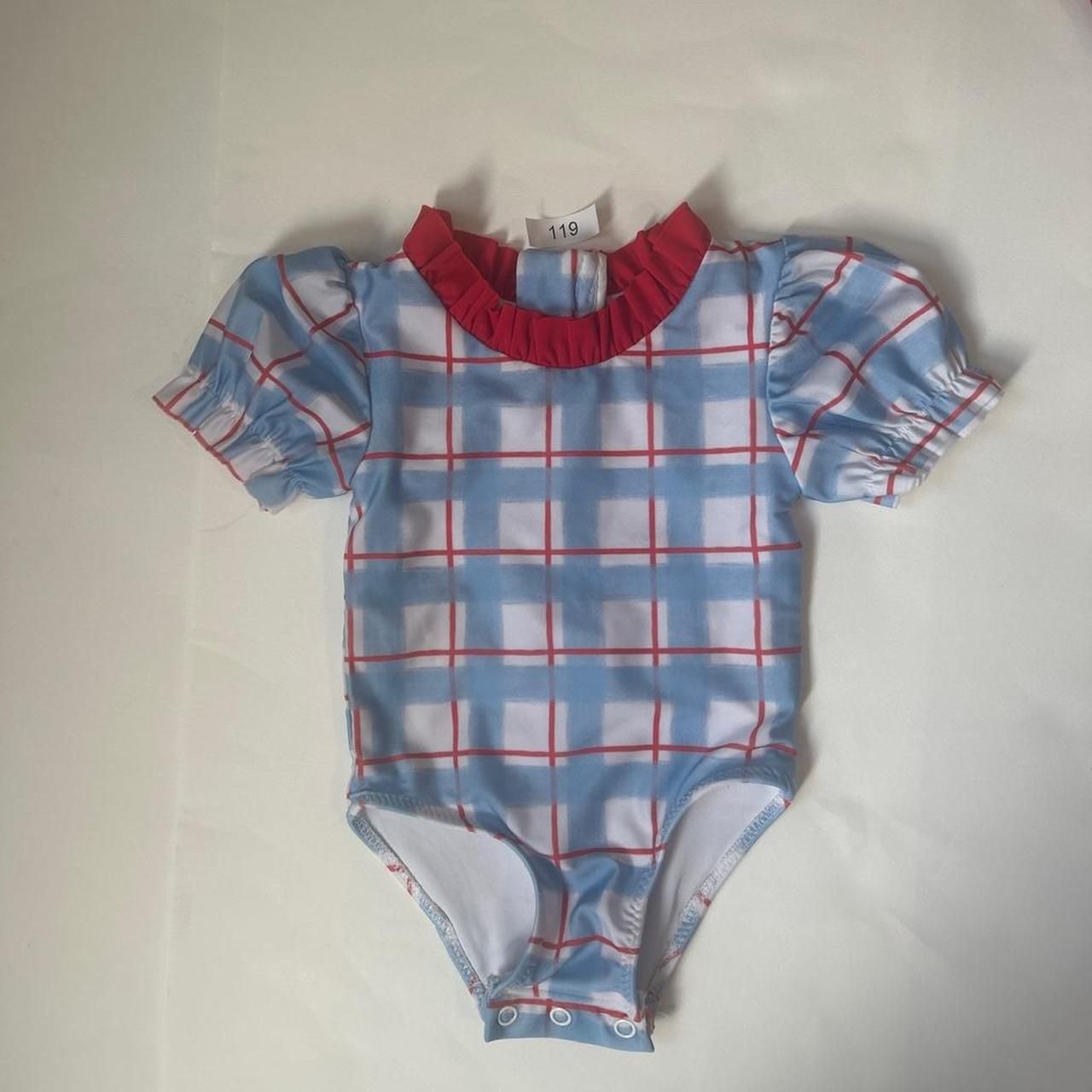 Hamner Hill Plaid Swimsuit Size 3M Blue Red Ruffle Baby Bodysuit 2