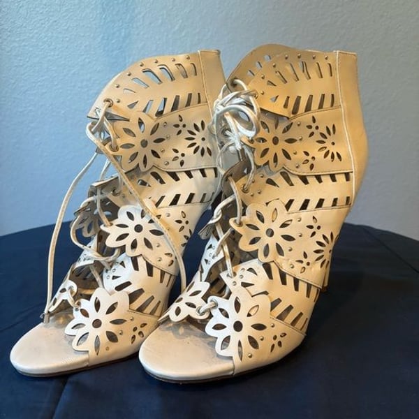 JustFab Cream Floral Laser-Cut Lace-Up Heels