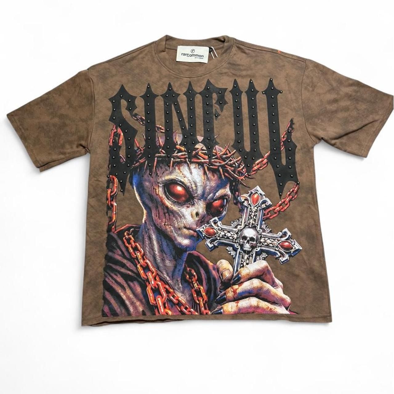 Rare Common Sinful Alien Graphic Tee Size L Brown Studded Cross 2
