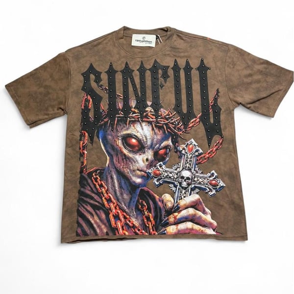 Rare Common Sinful Alien Graphic Tee Size L Brown Studded Cross
