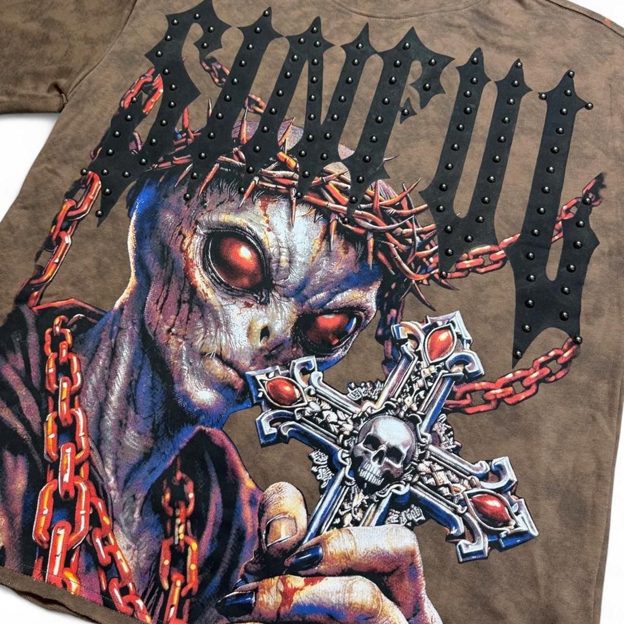 Rare Common Sinful Alien Graphic Tee Size L Brown Studded Cross 3