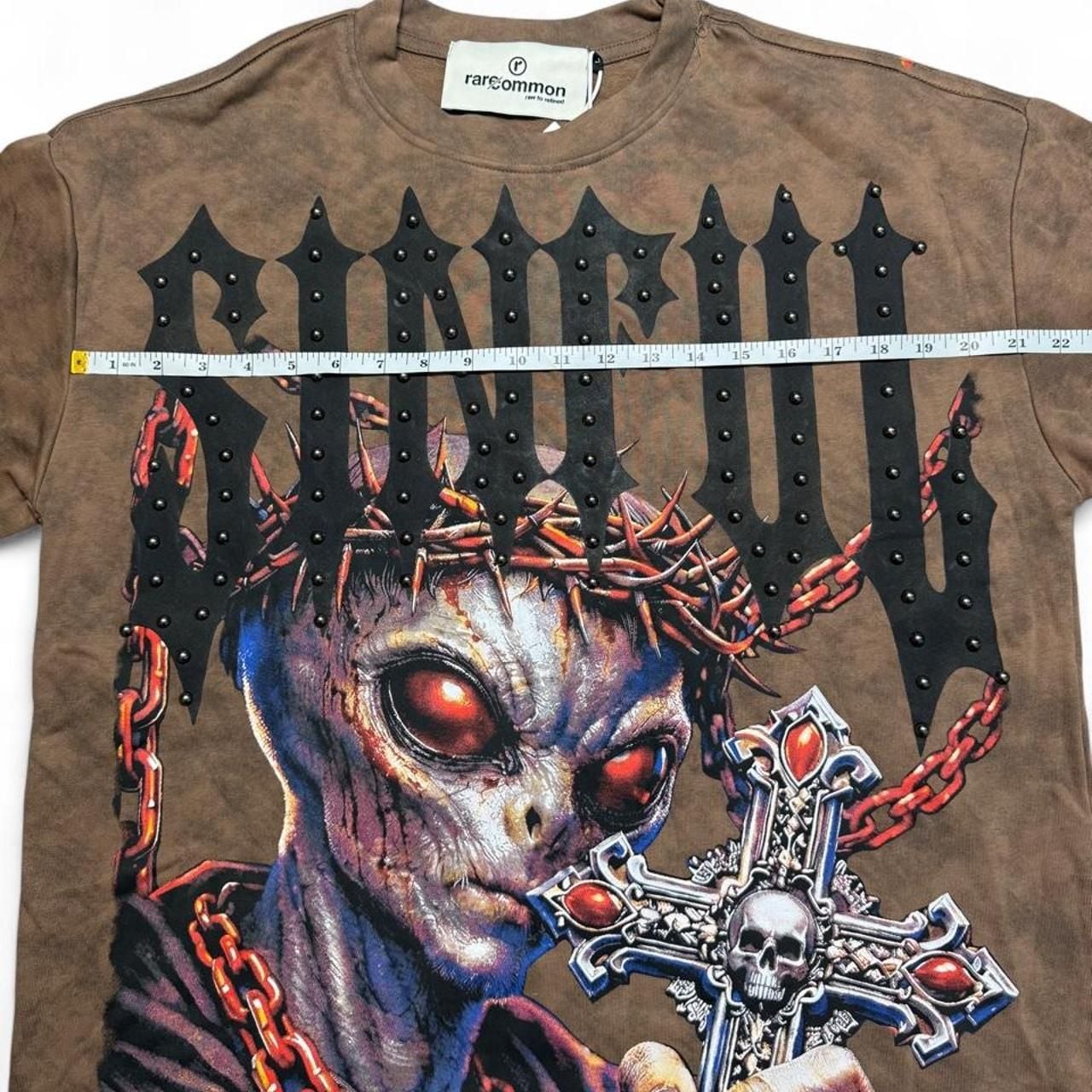 Rare Common Sinful Alien Graphic Tee Size L Brown Studded Cross 6