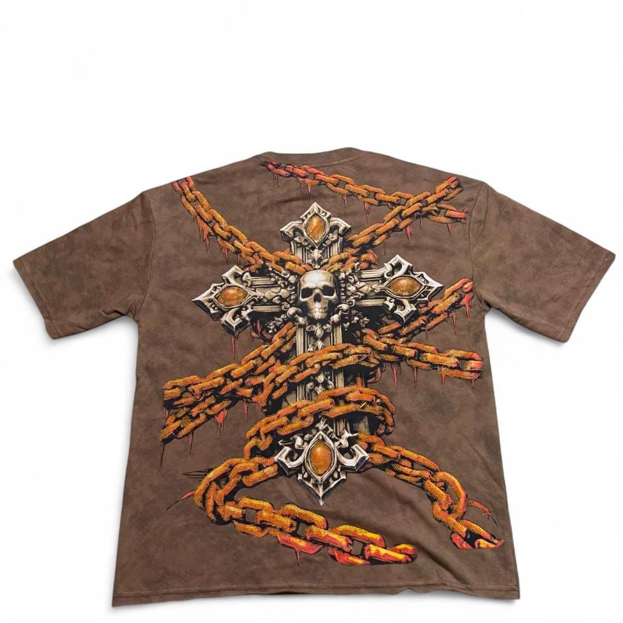 Rare Common Sinful Alien Graphic Tee Size L Brown Studded Cross 8