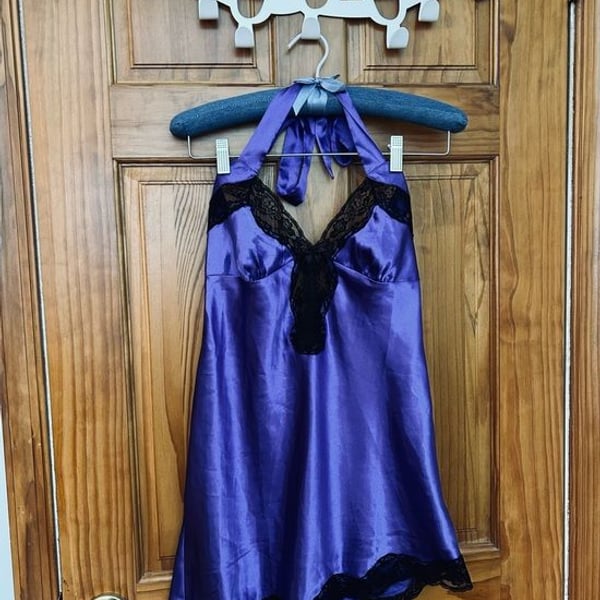 Y2K Frederick's of Hollywood Purple Satin Halter Slip with Black Lace
