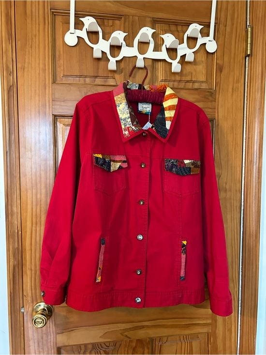 Joyful Rags upcycled Patchwork Women's Red Denim Jacket with Bejeweled Buttons 2
