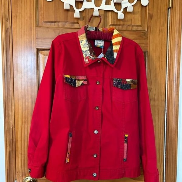 Joyful Rags upcycled Patchwork Women's Red Denim Jacket with Bejeweled Buttons