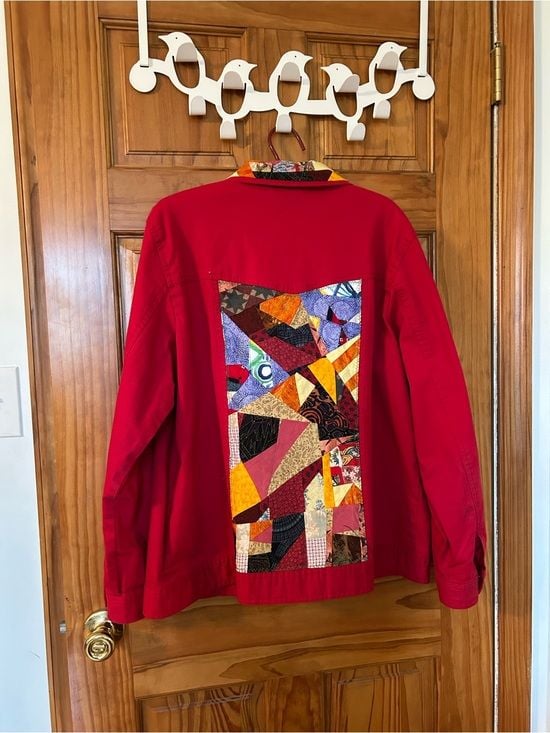 Joyful Rags upcycled Patchwork Women's Red Denim Jacket with Bejeweled Buttons 4