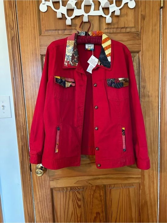 Joyful Rags upcycled Patchwork Women's Red Denim Jacket with Bejeweled Buttons 5