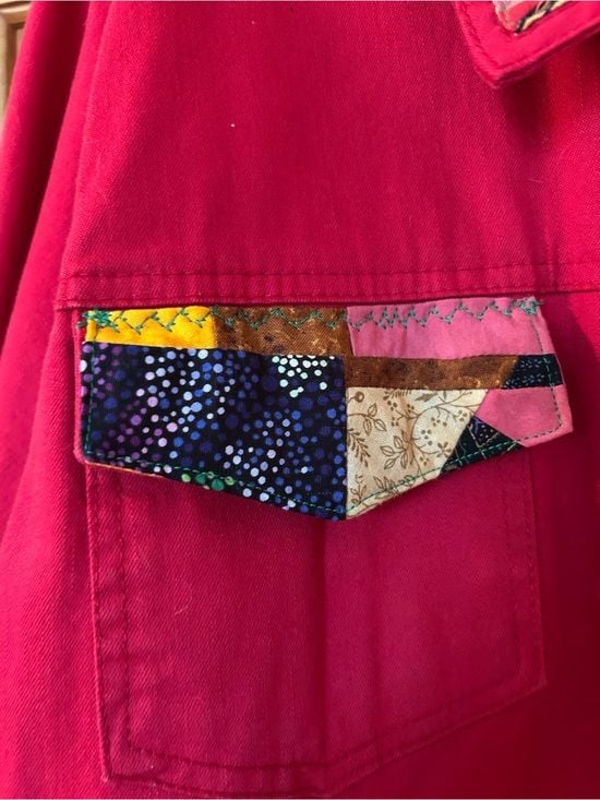 Joyful Rags upcycled Patchwork Women's Red Denim Jacket with Bejeweled Buttons 6