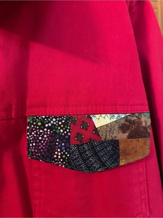 Joyful Rags upcycled Patchwork Women's Red Denim Jacket with Bejeweled Buttons 7