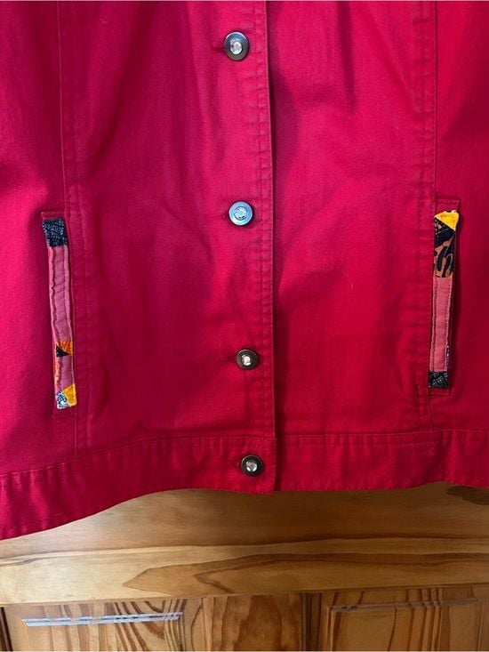 Joyful Rags upcycled Patchwork Women's Red Denim Jacket with Bejeweled Buttons 8