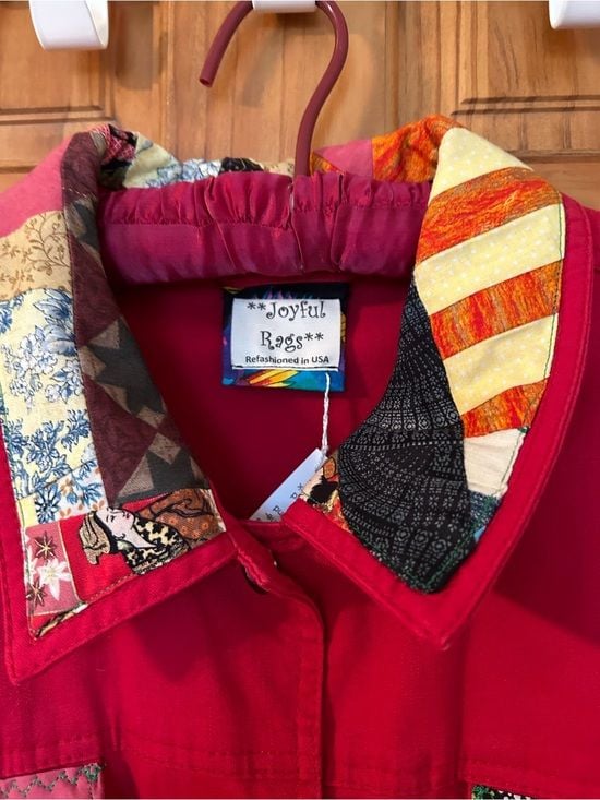 Joyful Rags upcycled Patchwork Women's Red Denim Jacket with Bejeweled Buttons 9