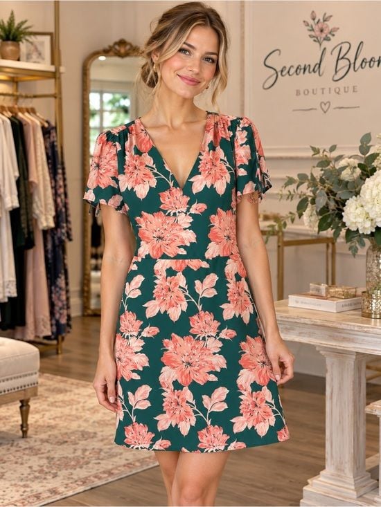 J.Crew Mercantile Floral V-Neck Dress Size 6 Green Coral Short Sleeve 2