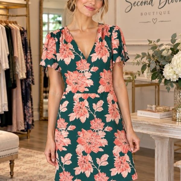 J.Crew Mercantile Floral V-Neck Dress Size 6 Green Coral Short Sleeve