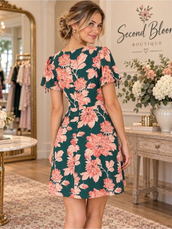 J.Crew Mercantile Floral V-Neck Dress Size 6 Green Coral Short Sleeve 3