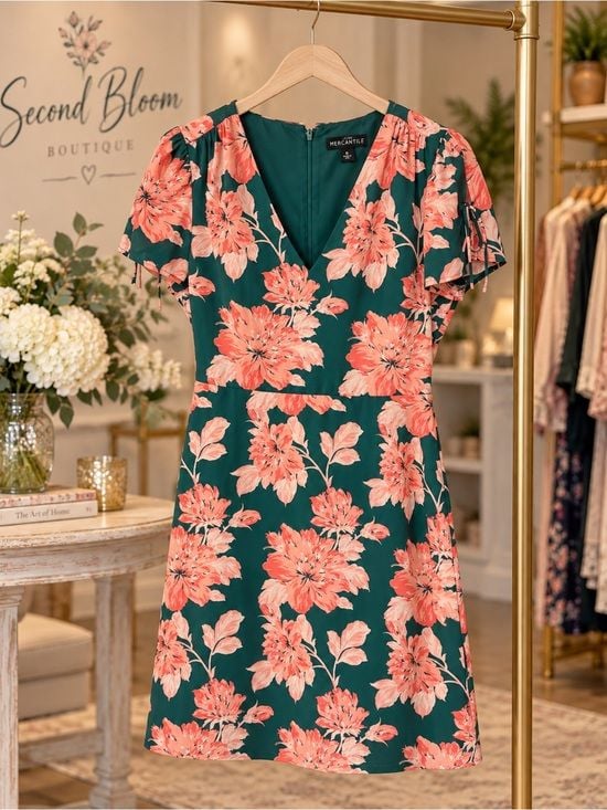 J.Crew Mercantile Floral V-Neck Dress Size 6 Green Coral Short Sleeve 4