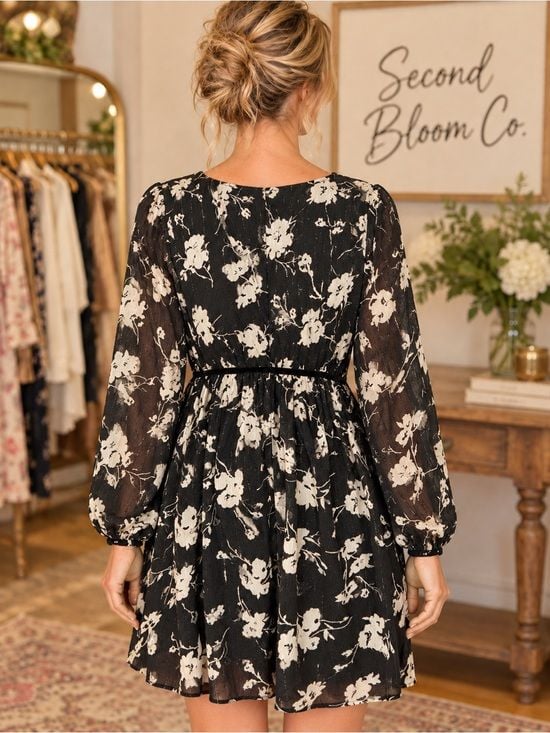 Max+Ash Black Floral Long Sleeve Wrap Dress Size S 3