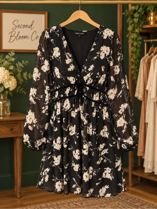 Max+Ash Black Floral Long Sleeve Wrap Dress Size S 4