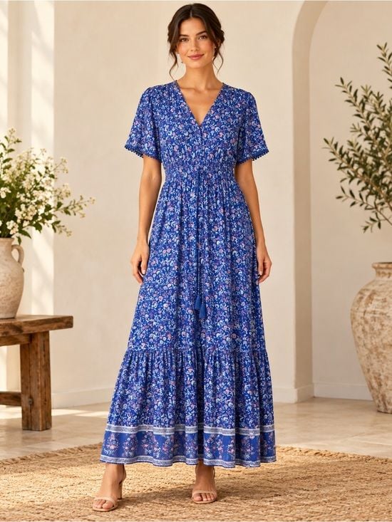 NWT R. Vieimos Size Medium Blue Floral Boho Maxi Dress 2