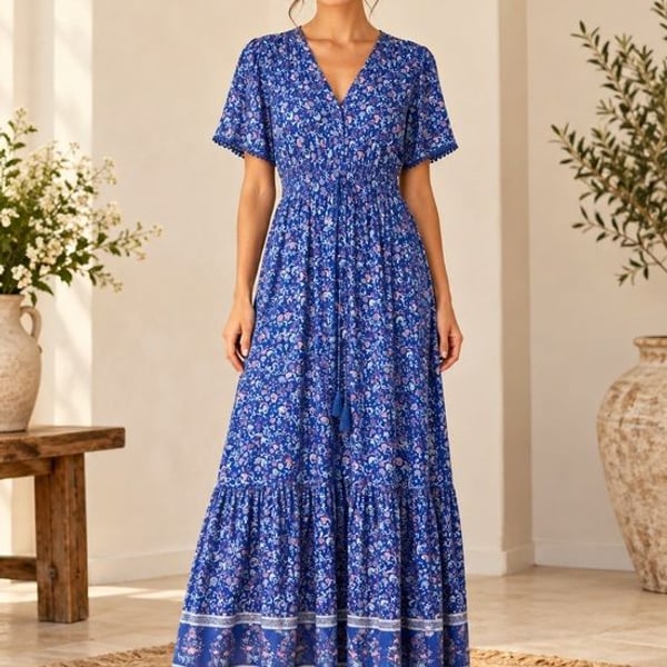 NWT R. Vieimos Size Medium Blue Floral Boho Maxi Dress