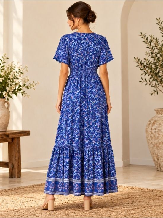 NWT R. Vieimos Size Medium Blue Floral Boho Maxi Dress 3