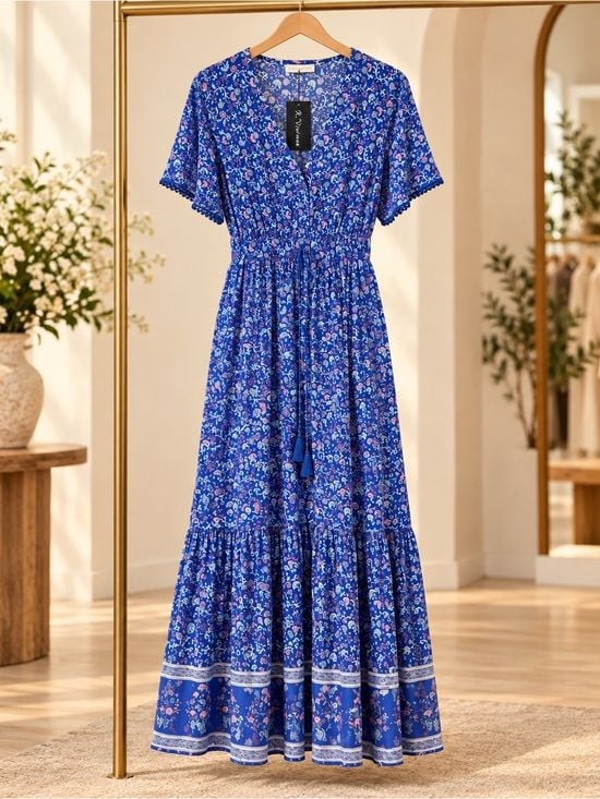 NWT R. Vieimos Size Medium Blue Floral Boho Maxi Dress 4