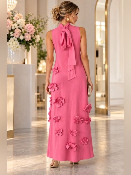 Women’s Size Medium Pink 3D Floral Appliqué Sleeveless Maxi Dress 3