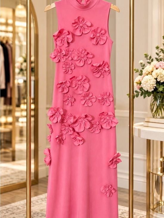 Women’s Size Medium Pink 3D Floral Appliqué Sleeveless Maxi Dress 4