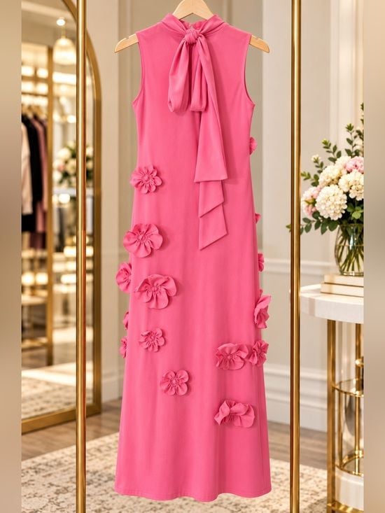 Women’s Size Medium Pink 3D Floral Appliqué Sleeveless Maxi Dress 5