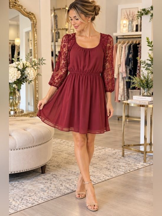 Sparkle & Fade Size Small Burgundy Lace Sleeve Fit & Flare Dress 2