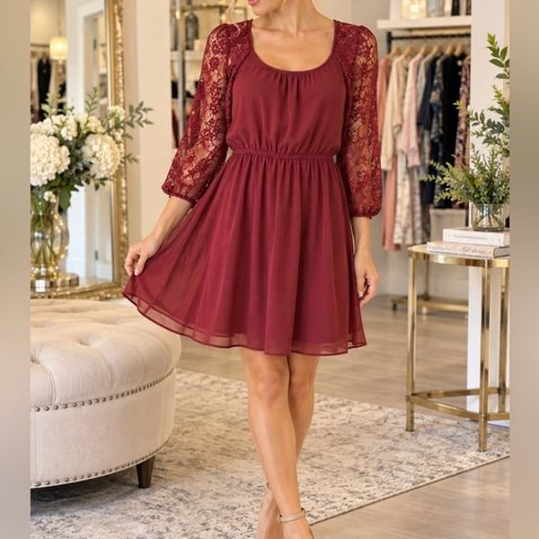 Sparkle & Fade Size Small Burgundy Lace Sleeve Fit & Flare Dress