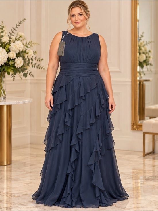 NWT Alizua Size 18 Navy Blue Chiffon Ruffle Formal Maxi Gown 2