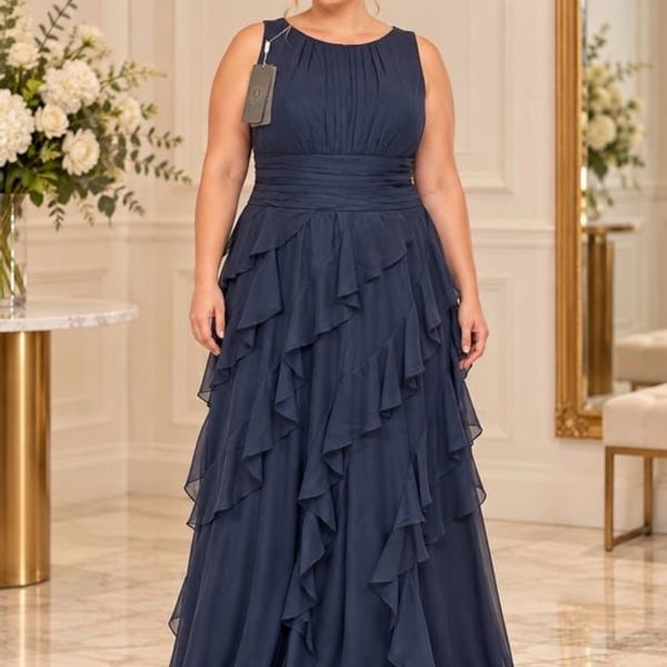 NWT Alizua Size 18 Navy Blue Chiffon Ruffle Formal Maxi Gown