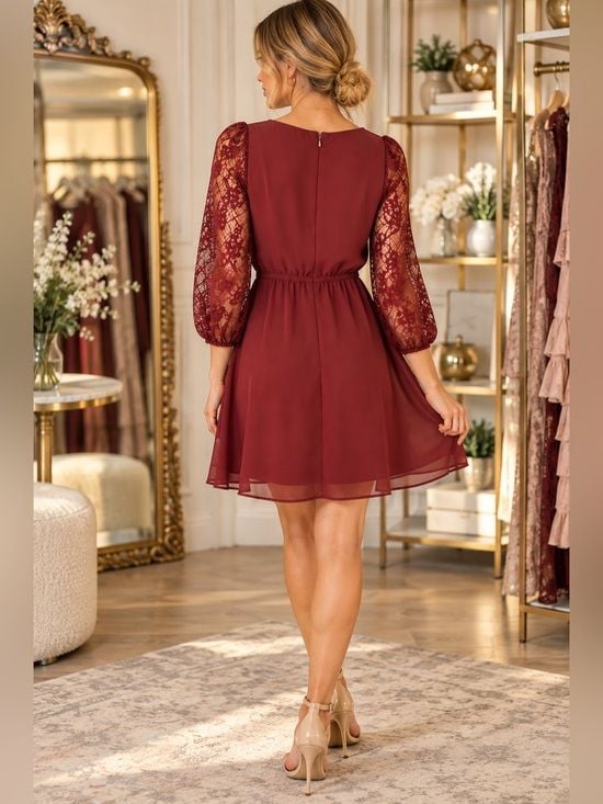 Sparkle & Fade Size Small Burgundy Lace Sleeve Fit & Flare Dress 3