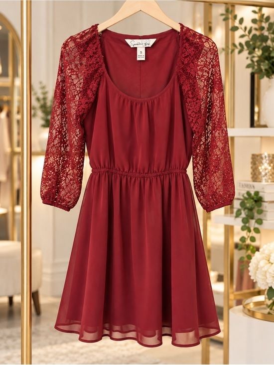 Sparkle & Fade Size Small Burgundy Lace Sleeve Fit & Flare Dress 4