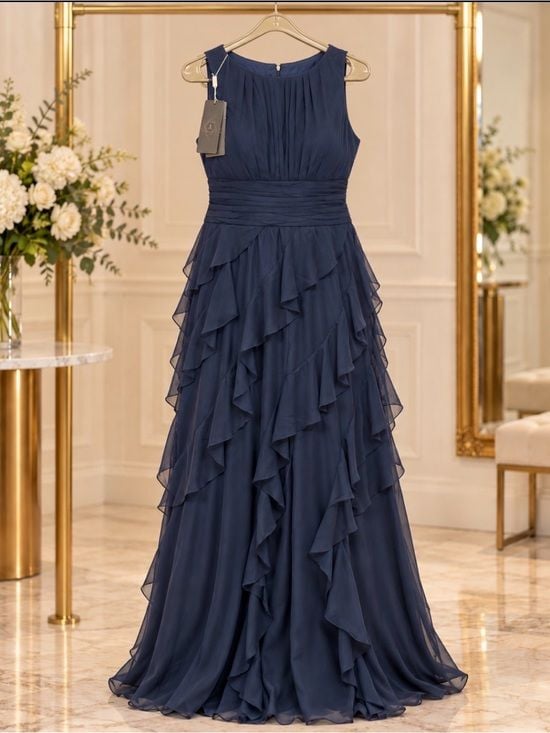NWT Alizua Size 18 Navy Blue Chiffon Ruffle Formal Maxi Gown 4