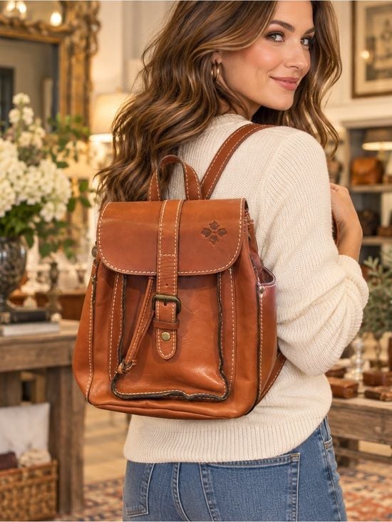 Patricia Nash Cognac Brown Italian Leather Drawstring Backpack 2