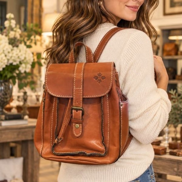 Patricia Nash Cognac Brown Italian Leather Drawstring Backpack