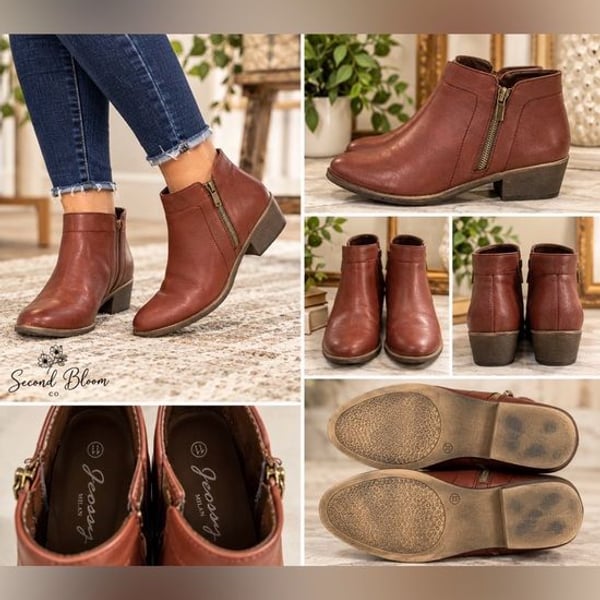 Jessy Milan Women’s Size 11 Cognac Brown Ankle Booties Side Zip Low Heel