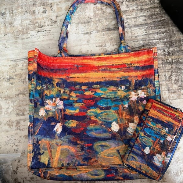 Claude Monet Water Lilies Red Sunset Tapestry Tote Bag & Wallet Set