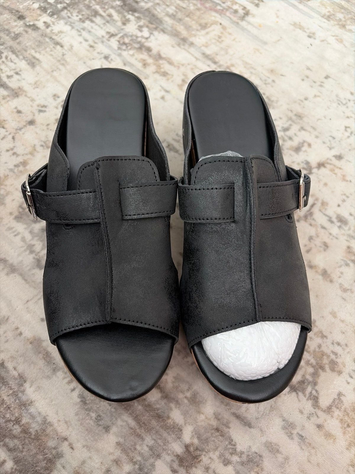 Black Open Toe Wedge Slide Sandals Buckle Accent NWOB size 8 2